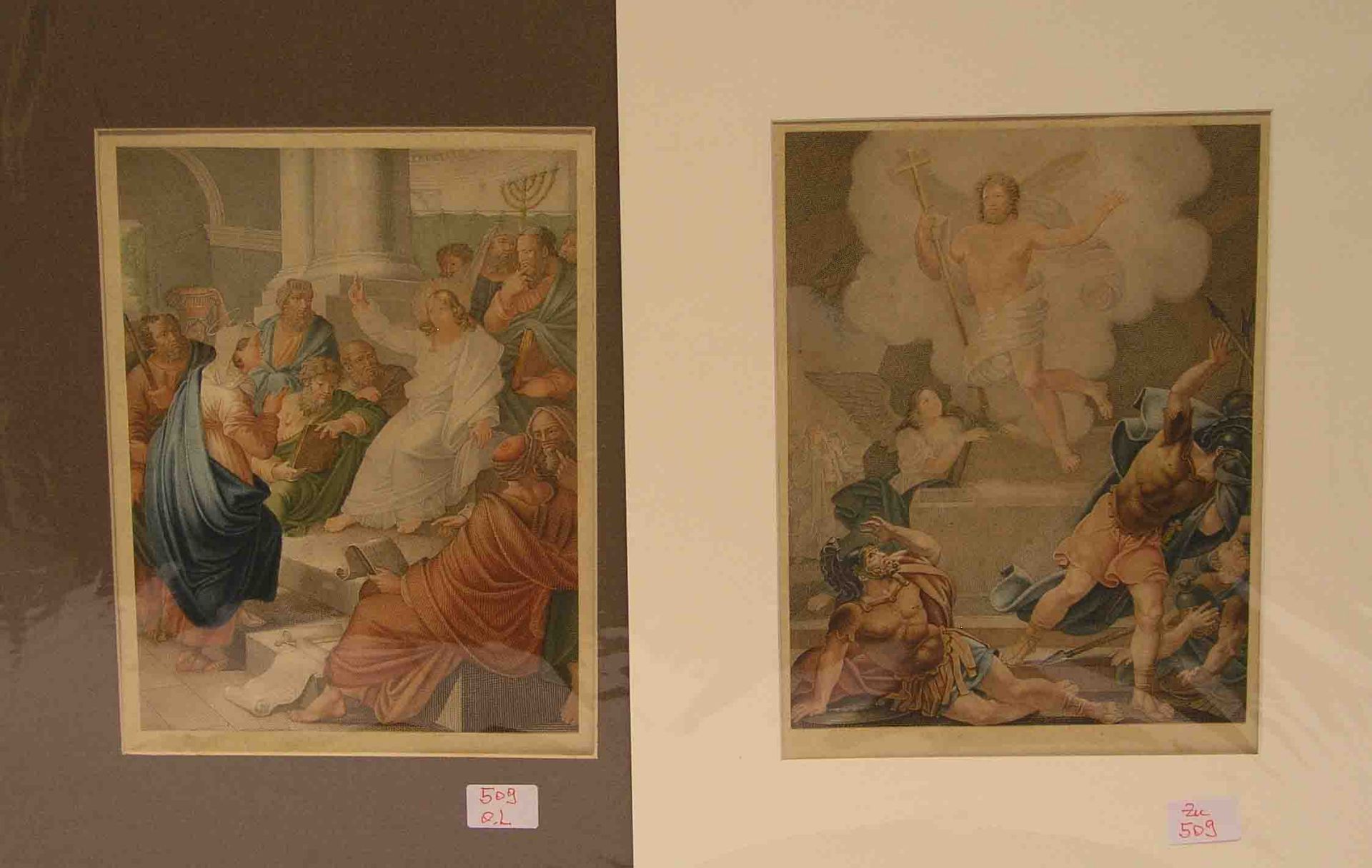 Zwei Kupferpunktierstiche um 1800: "Jesus im Tempel" und "Die Auferstehung". Beschnitten.Je 23,5 x