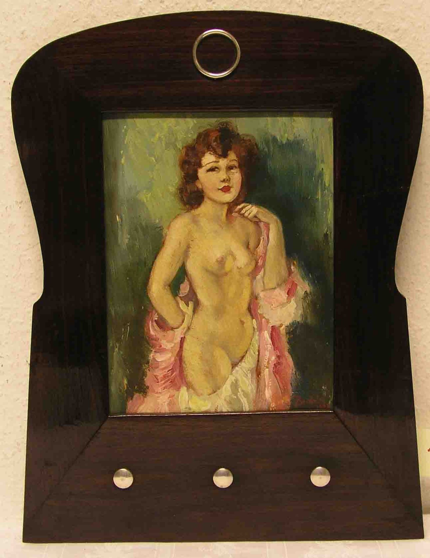 "Frauenakt". Öl/Malkarton, unleserlich signiert, 1922, 28 x 21cm, dekorativer Holzrahmen.