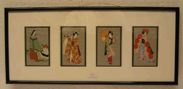 "Vier Geishas im Festtagskimono". Feine japanische Malerei auf Seide. Je 15 x 9cm.Passepartout mit