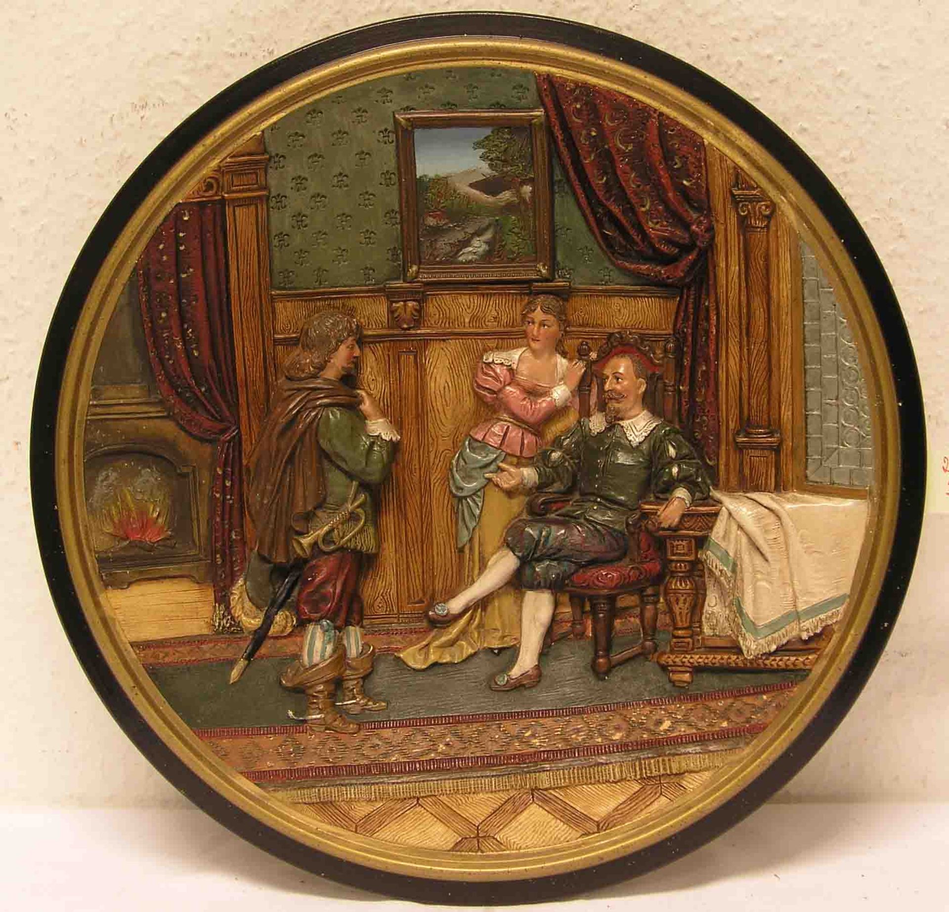 Wandteller. Historismus. Keramik. Relief: "Ritter beim Bowle trinken". Farbig staffiert.Durchmesser: