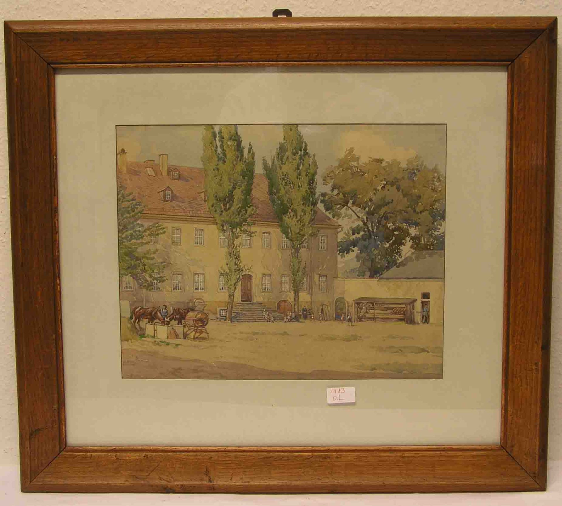 Hinze, Walter (1875 - 1959): Vor dem Verwaltungsgebäude" . Mit Personenstaffage. Aquarell,