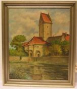 Gembs, Friedrich, Karl (1896 - Bamberg - 1963): "Stadttor am Fluss". Öl/Lwd., signiert, 59x 48cm,