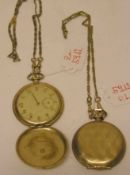 Zwei Taschenuhren um 1930. Doublé. Beschädigt. Dazu: zwei Taschenuhrenketten.