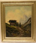 Günther, Fred: "Hütte im Hochgebirge". Öl/Platte, signiert, 58 x 48cm, Rahmen.