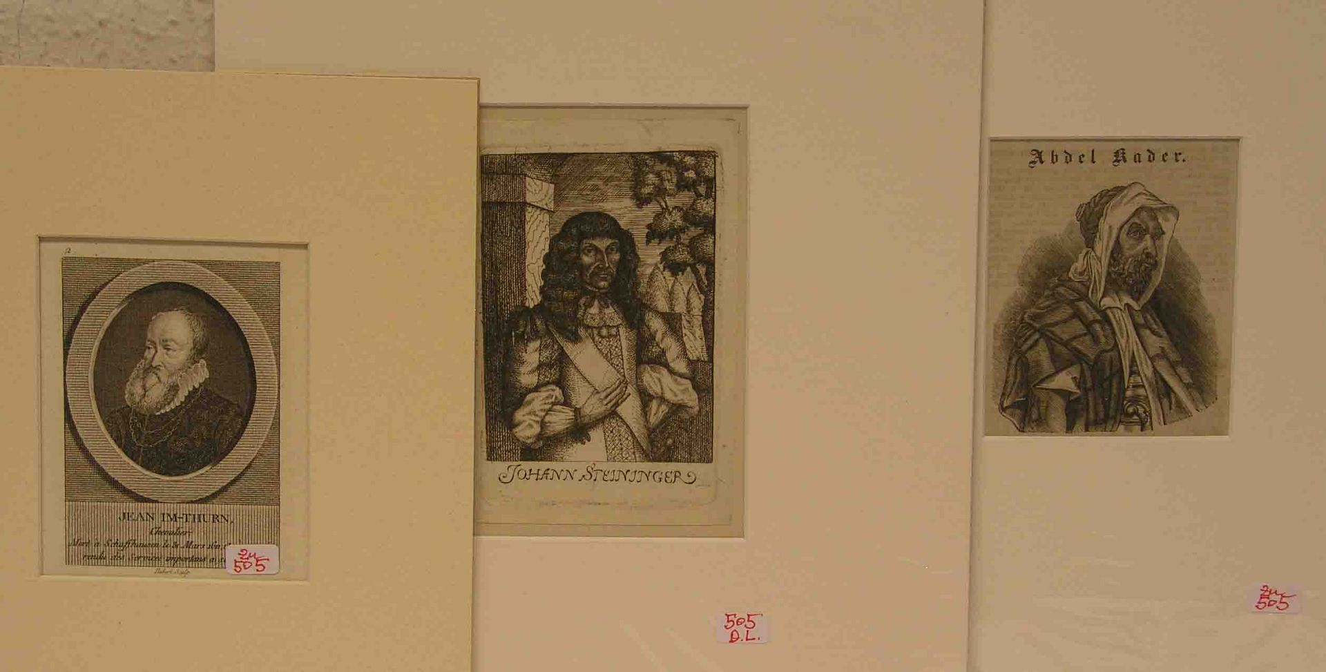 Posten von fünf Portraits. Dabei: "Jean im Thurn", Chevalier, Kupferstich, 10,5 x 7cm.