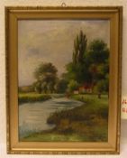 Monogrammist "I. F.", 1915: "Dorfrand mit Bachlandschaft". Öl/Lwd., 40 x 28cm. Rahmen.