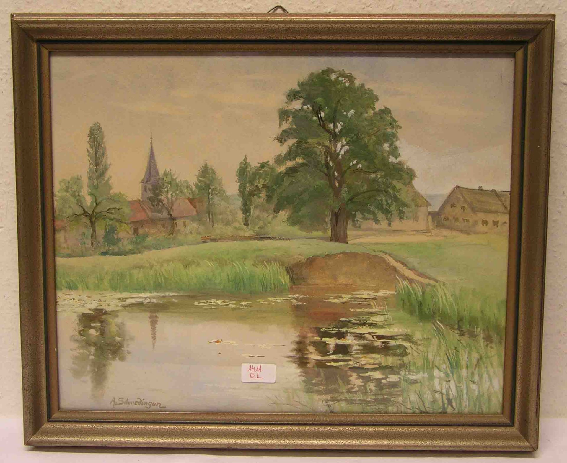 Schmedingen, Alfred (1871 - 1949). Maler und Konservator in Bamberg: "Fränkisches Dorf amFluss".