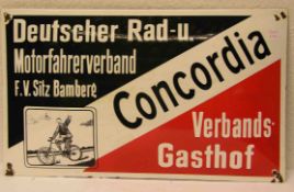 Werbung. Emailschild "Concordia". Deutscher Rad- und Motorradfahrerverband F.V. Sitz