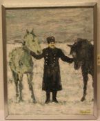 Waschner: "Kosake mit zwei Pferden in winterlicher Landschaft". Öl/Platte, signiert, 49 x