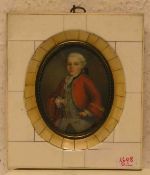 Mozart. Miniatur. Öl/Elfenbein, ovaler Bildausschnitt, Durchmesser: 8cm. Rahmen in