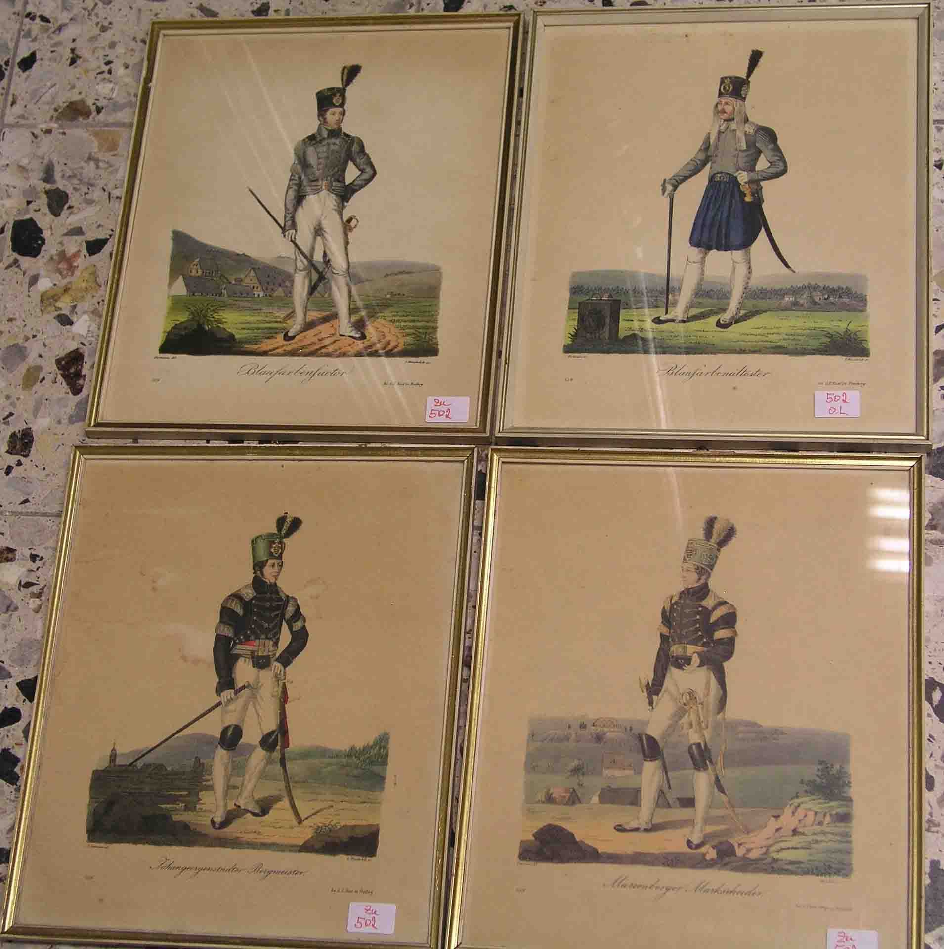 Bergmannstrachten, 4 Blatt kolorierte Federlithos. Dabei: Blaufarbenältester, 25 x 20cm;