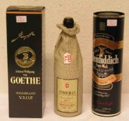 Alkoholika, drei Flaschen. Dabei: Barolo, Mogavero, 1977, Weinbrand Goethe und