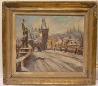 Doupak: "Prag". Die Karlsbrücke in winterlicher Landschaft. Mit Personenstaffage. Öl/Lwd.,