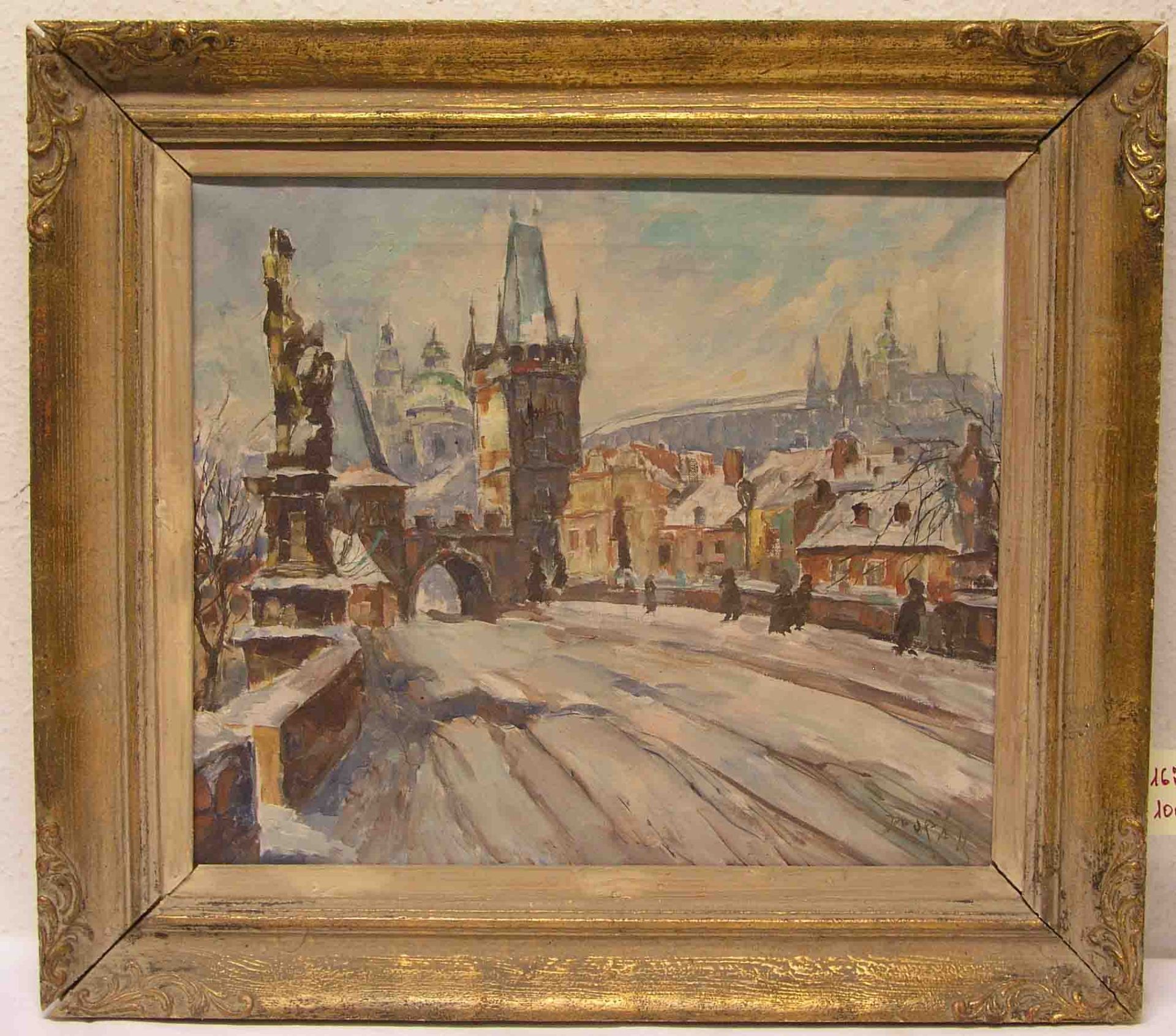 Doupak: "Prag". Die Karlsbrücke in winterlicher Landschaft. Mit Personenstaffage. Öl/Lwd.,