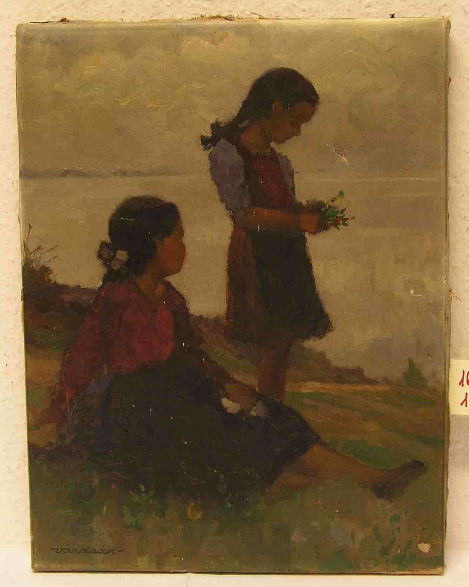 Várdaák (ungarischer Maler): "Zwei Mädchen auf der Wiese". Öl/Lwd., kleiner Einriss,