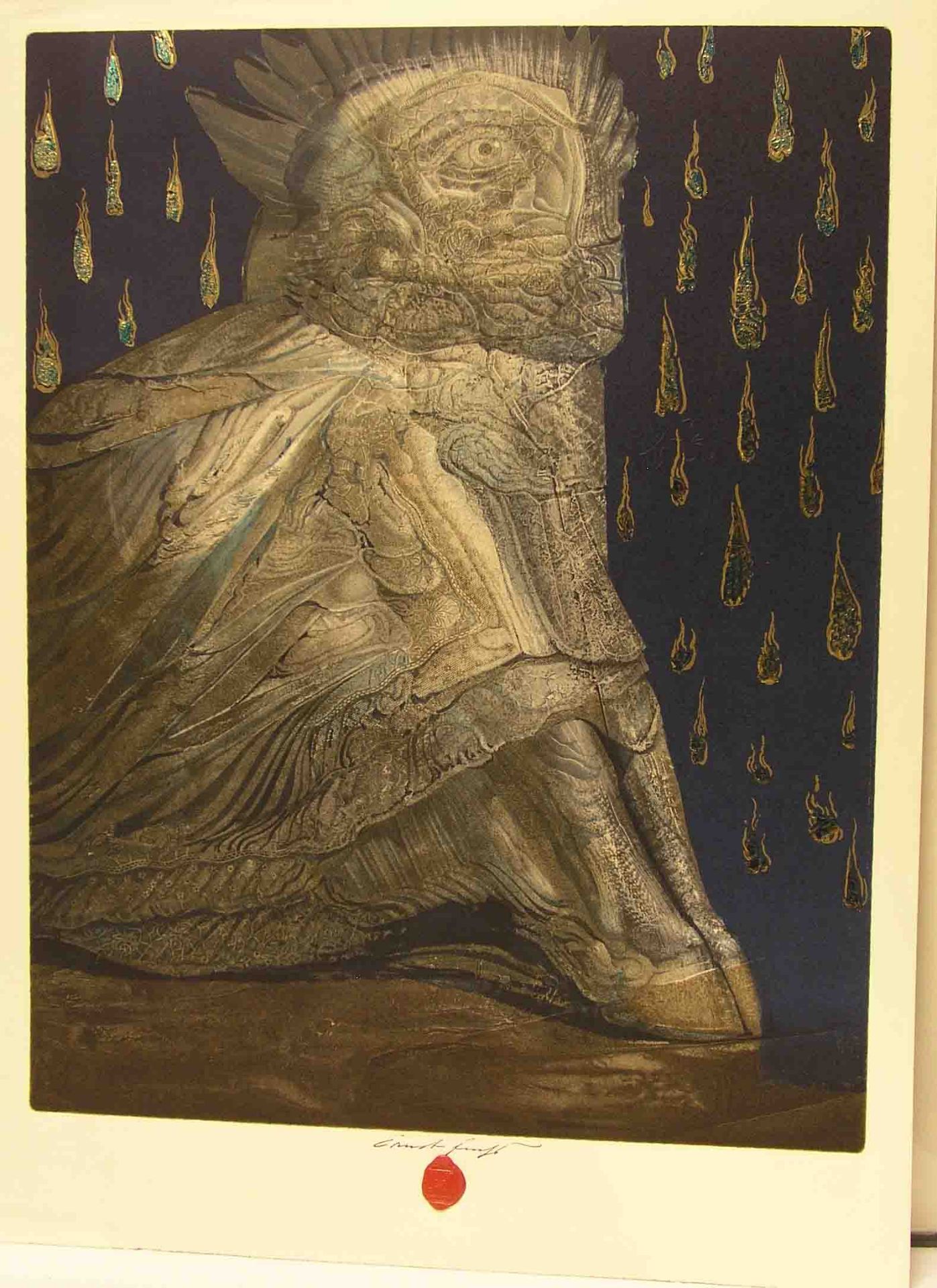 Fuchs, Ernst: "Agnus Mystikus". Frottage, Lithografie, Folienprägung 1974/75 durch den