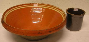 Große Keramikschale mit Innenglasur, Durchmesser 37cm und Keramik Topf mit brauner Glasur.