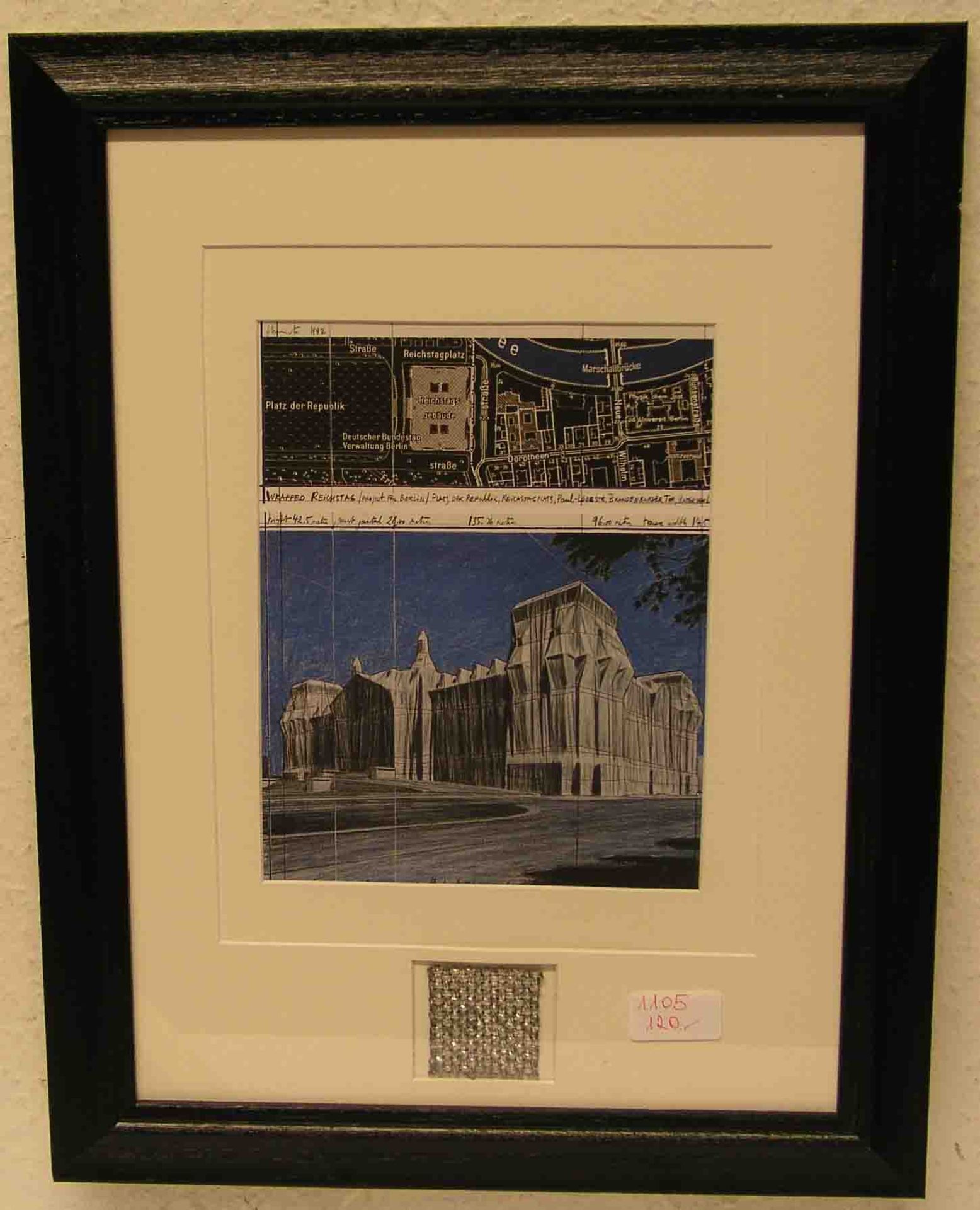 Christo + J. Claude "Verhüllter Reichstag" 1991. Mit original Gewebestück, 49 x 37cm,