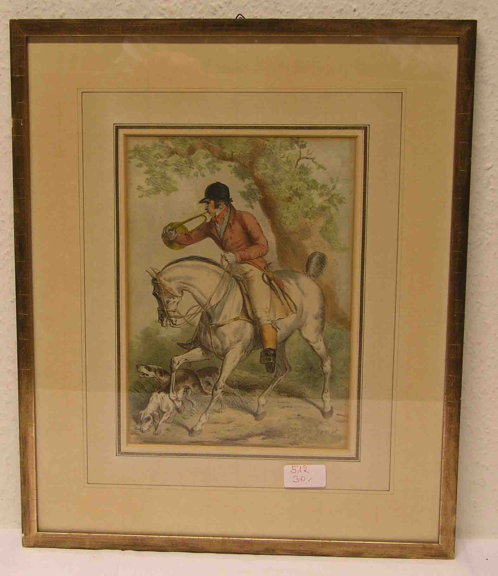 "Treibjagd zu Pferd". Kolorierte Lithografie von Carle Vernet (1758 - 1836), 28 x 19cm.