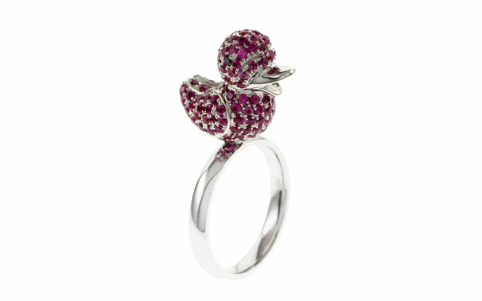 Ring Ring Ente 18K WG mit 0,04 ct schwarzen Diamanten und pinken Saphiren 2,88 ct, RW: 55, Höhe