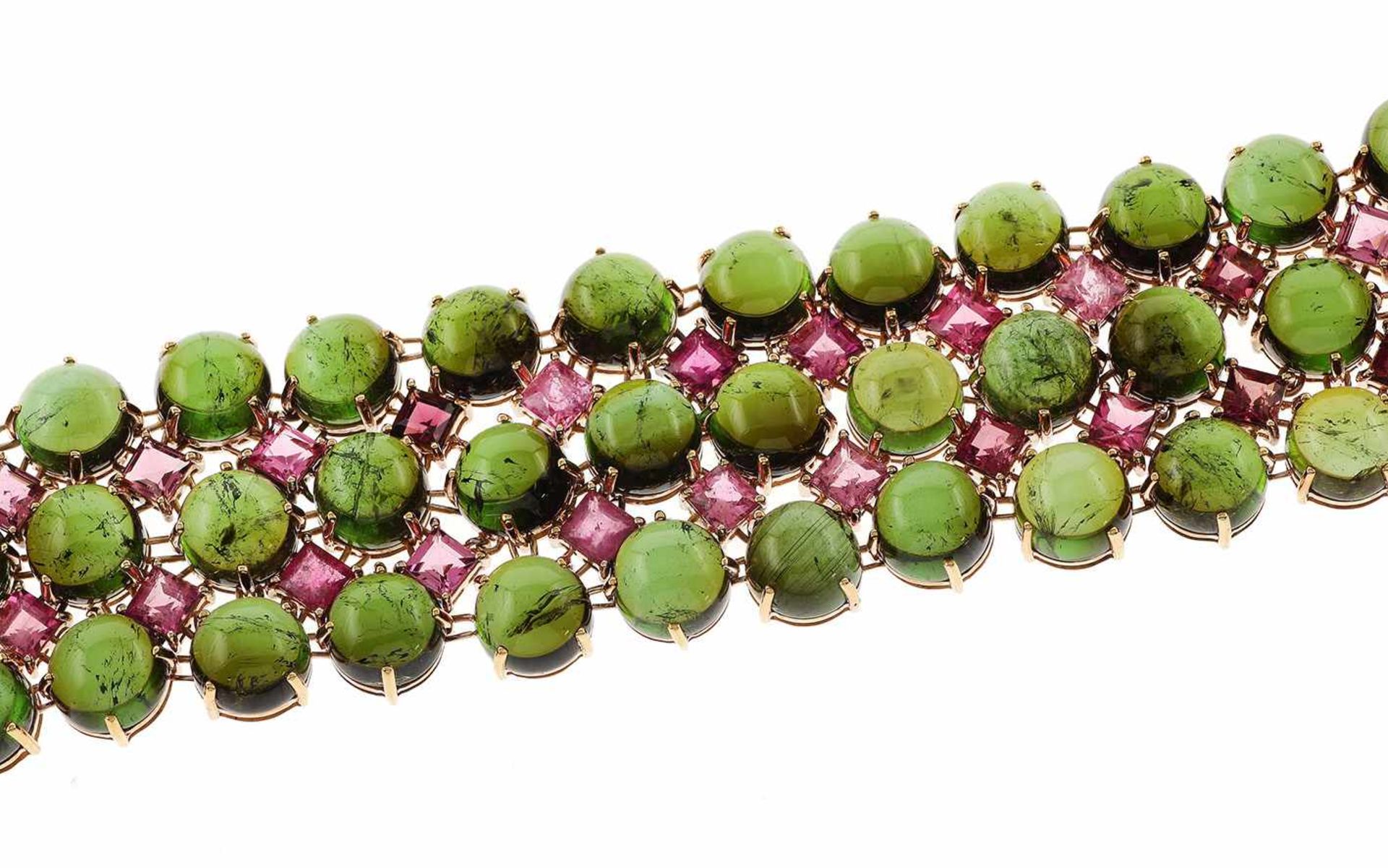 Turmalinarmschmuck Armschmuck 18K RG mit 152,75 ct grünen Turmalinen rund Cabochon und pinke