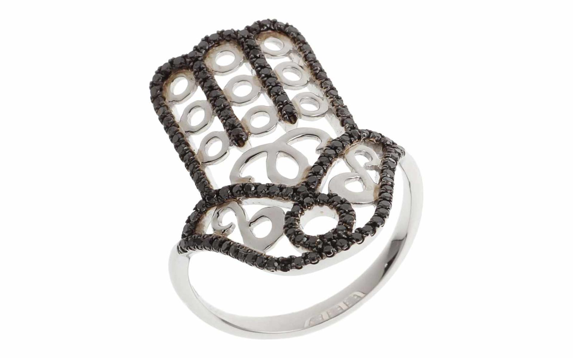 Ring Ring Hand der Fatima 18K WG mit 0,50 ct schwarzen Diamanten, RW: 55, Länge Ringkopf: 1,80 cm,