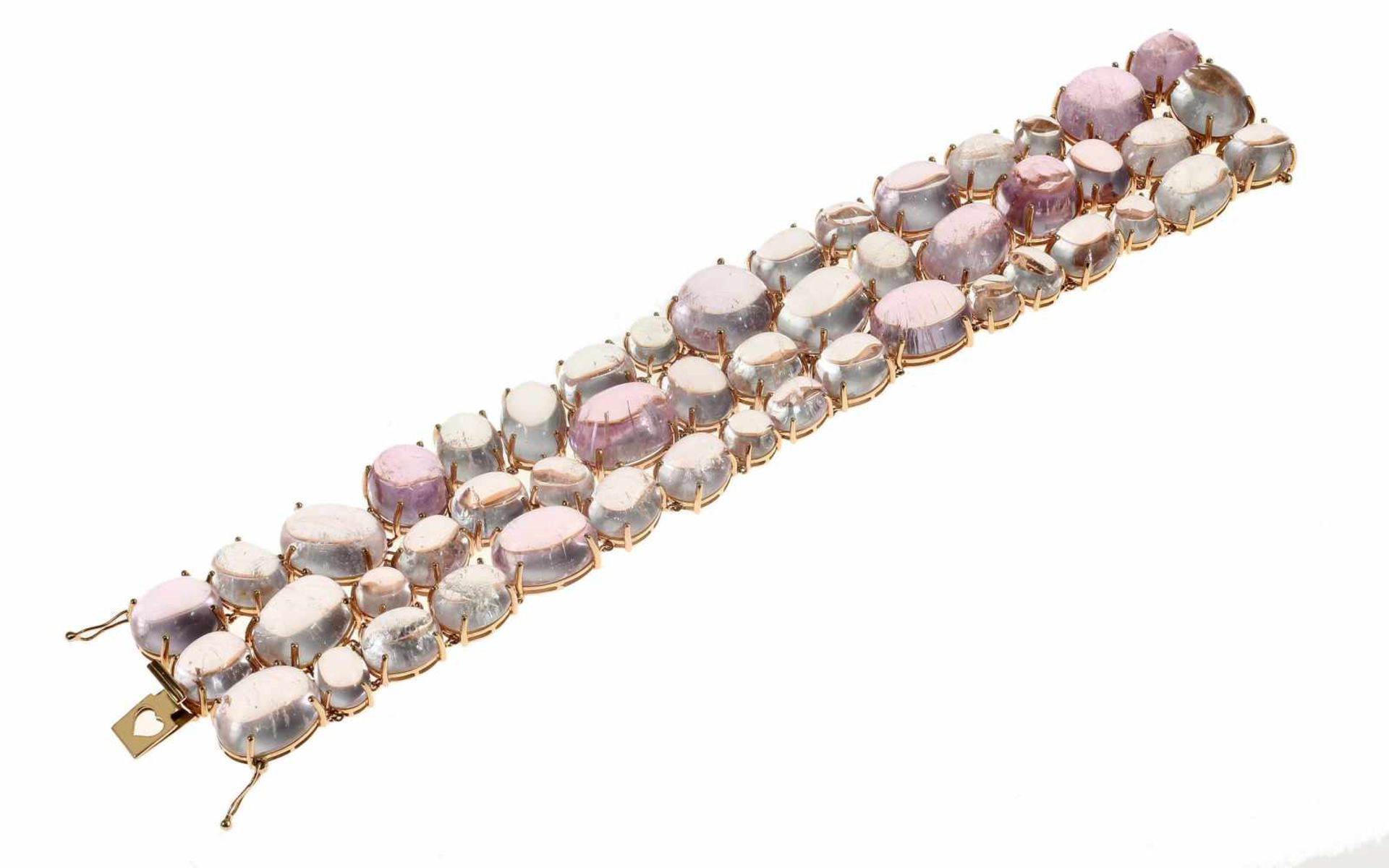 Kunzitarmschmuck Armschmuck 18K RG mit 422,10 ct Kunzi Cabochons, Länge: 20,00 cm, Breite: 3,40 cm