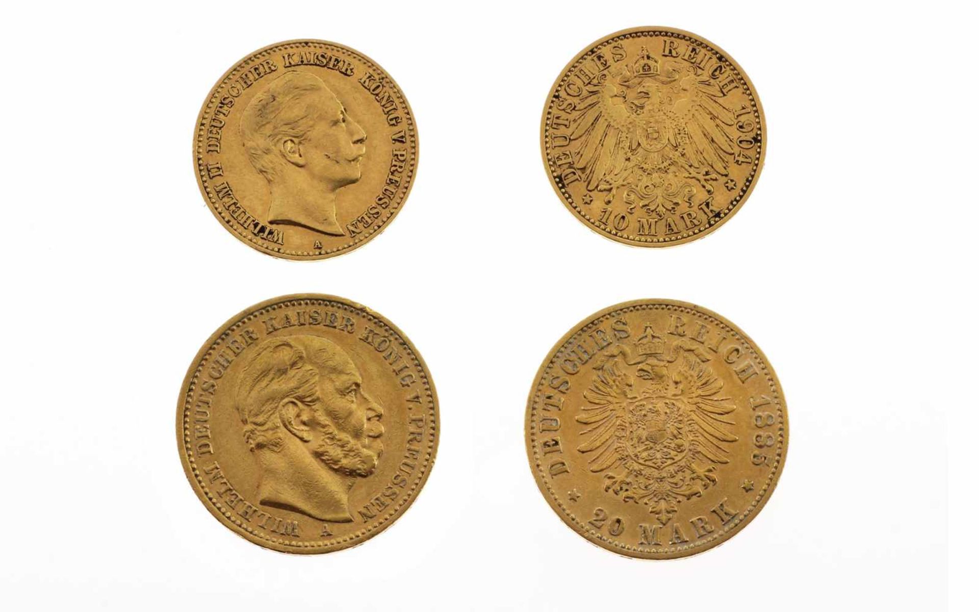 Zwei Münzen1x 20 DM Münze 1885, 1x 10 DM Münze 1904 900/- Gelbgold, 11,88g