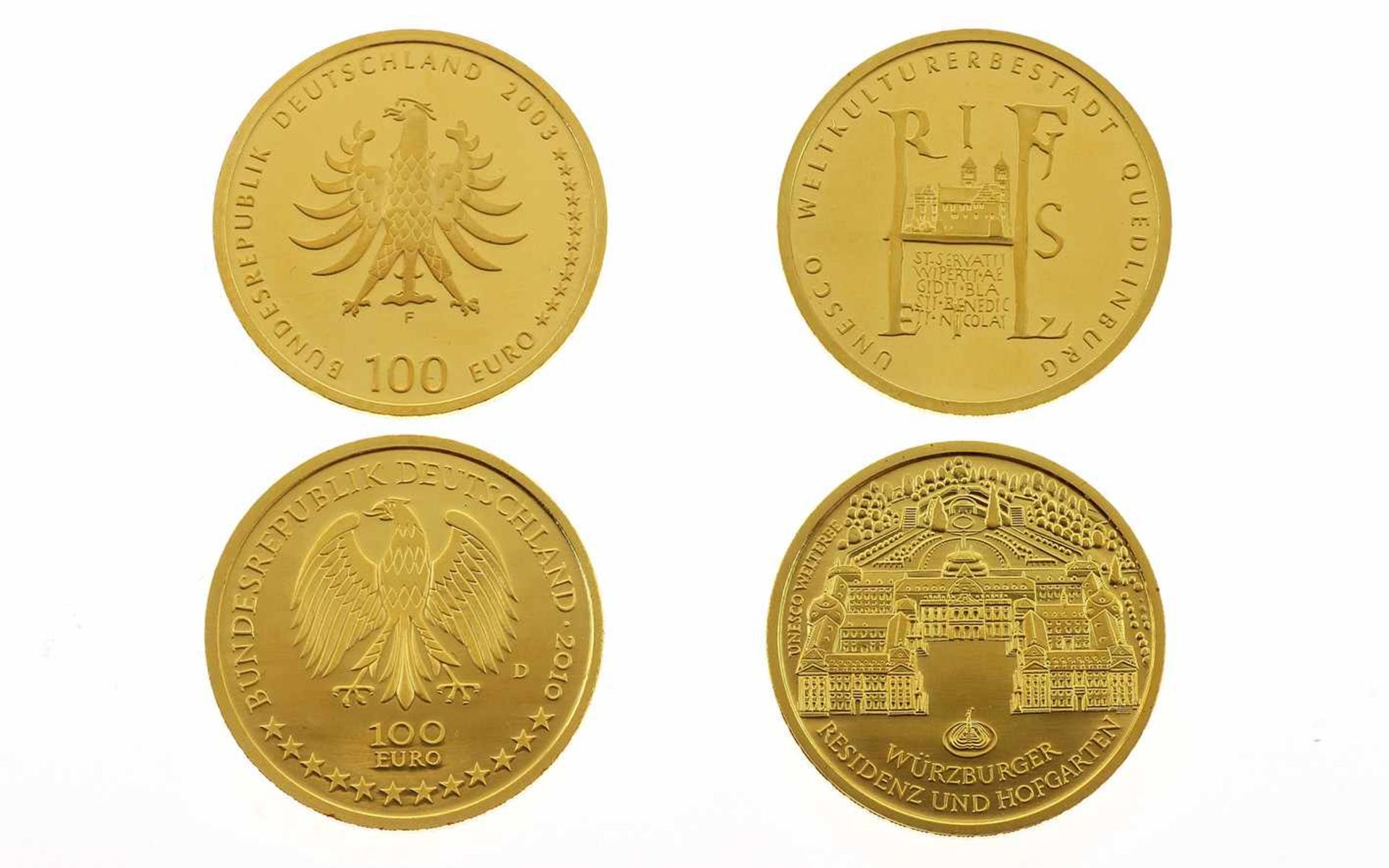 Zwei Münzen2 x 100 Euro Goldmünze 1/2 Unze 999/- Gelbgold, 31,10g