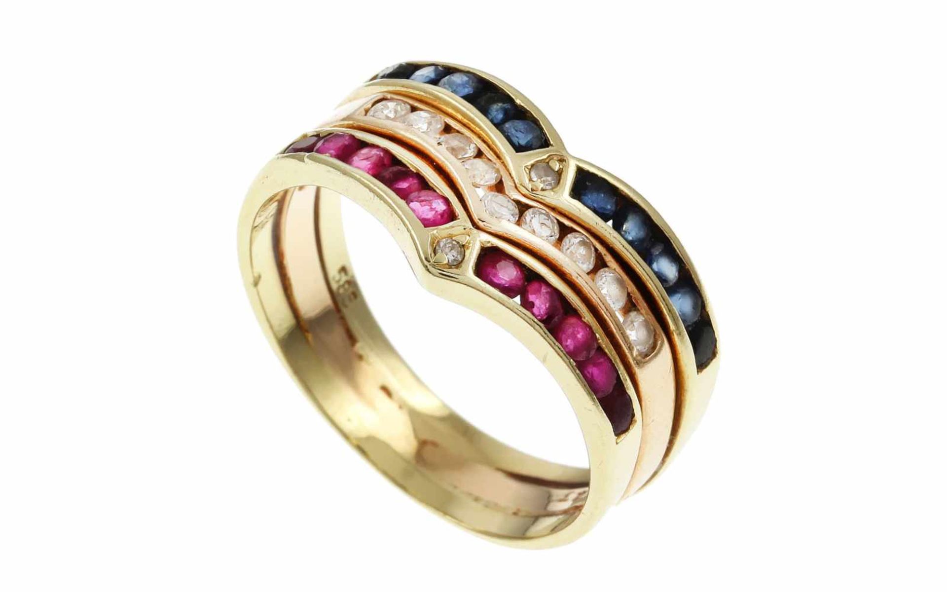 RingRing 585/- Gelbgold mit Rubinen, Saphiren und Zirkonen, Ringgröße ca. 57, 5,08g