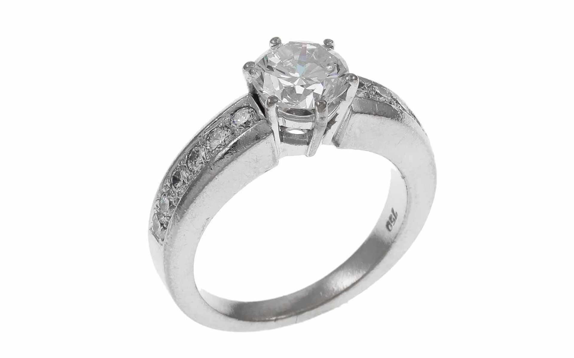 RingRing 750/- Weißgold mit Diamanten, Ringgröße ca. 55, 1 Diamant ca. 1,54 ct, H/vs, 12 Diamanten