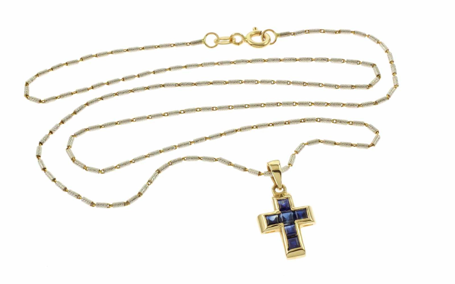 Kette mit AnhängerKette mit Anhänger Kreuz 585/- Gelbgold und Weißgold mit Saphiren, Länge ca. 45,00