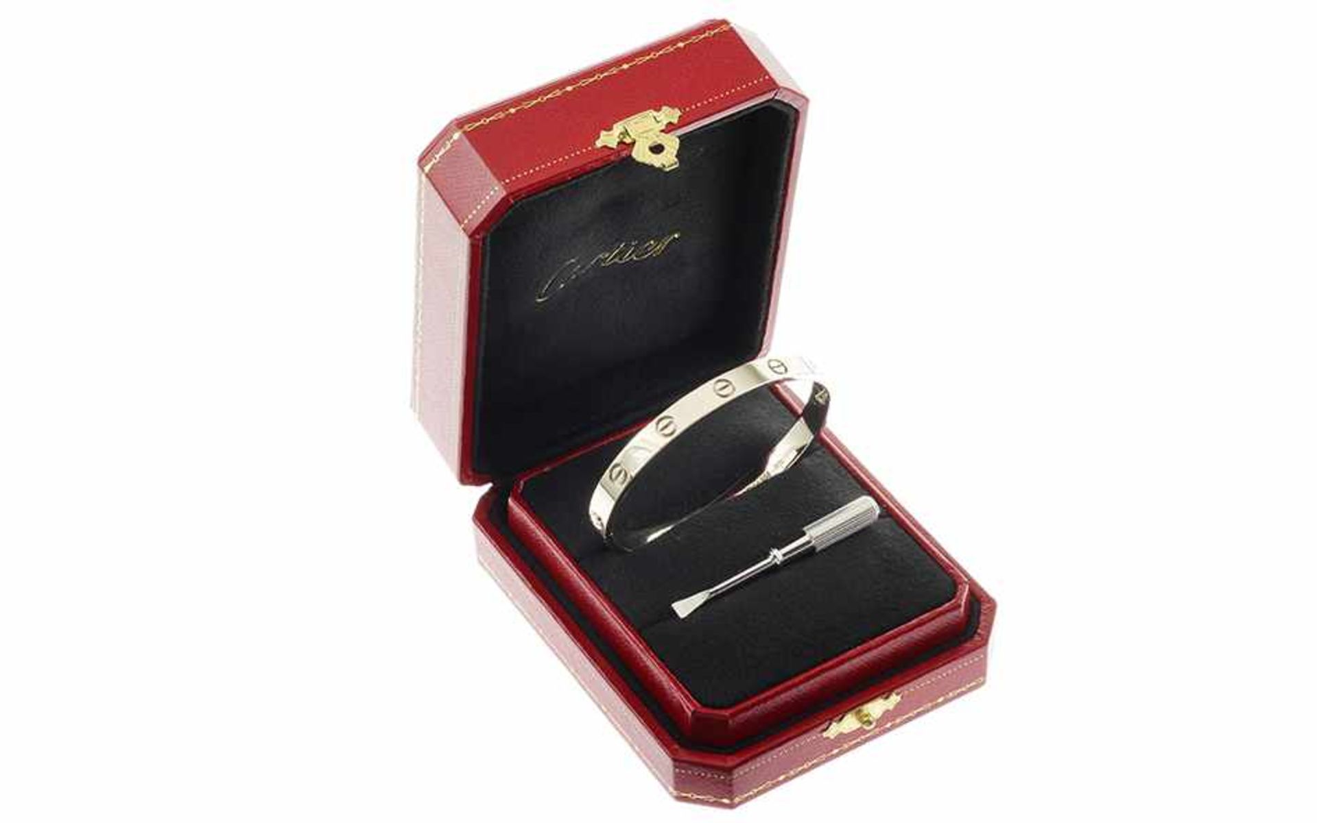 Cartier Love Armreif 18K WG, Innenumfang: 14,00 cm, mit Schraubenzieher und Etui, Total 32,12 g.