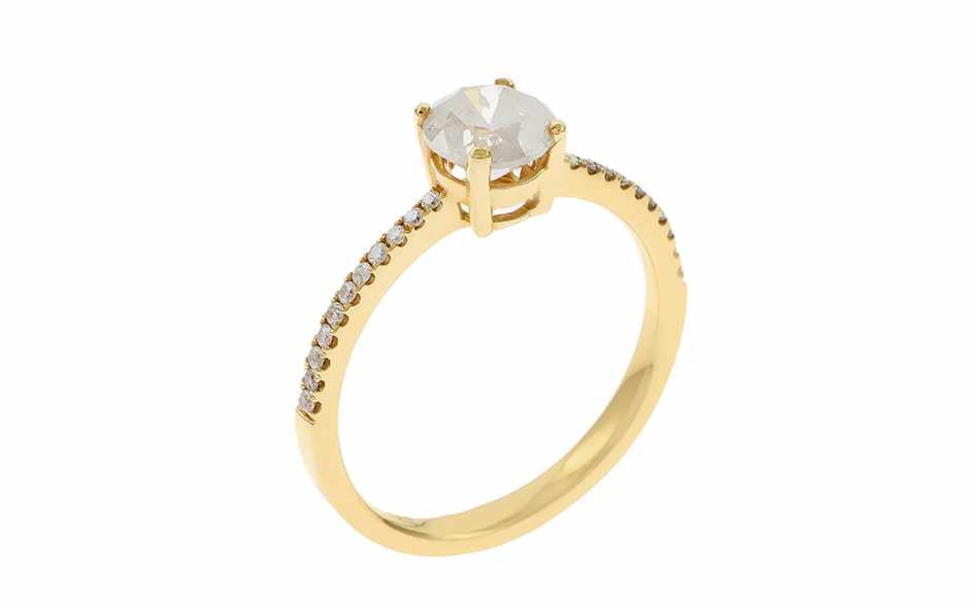 Diamant Ring 18K GG mit 1,02 ct. Diamant I/p3 Brillantschliff und 0,12 ct. Diamanten G-H/si-pi