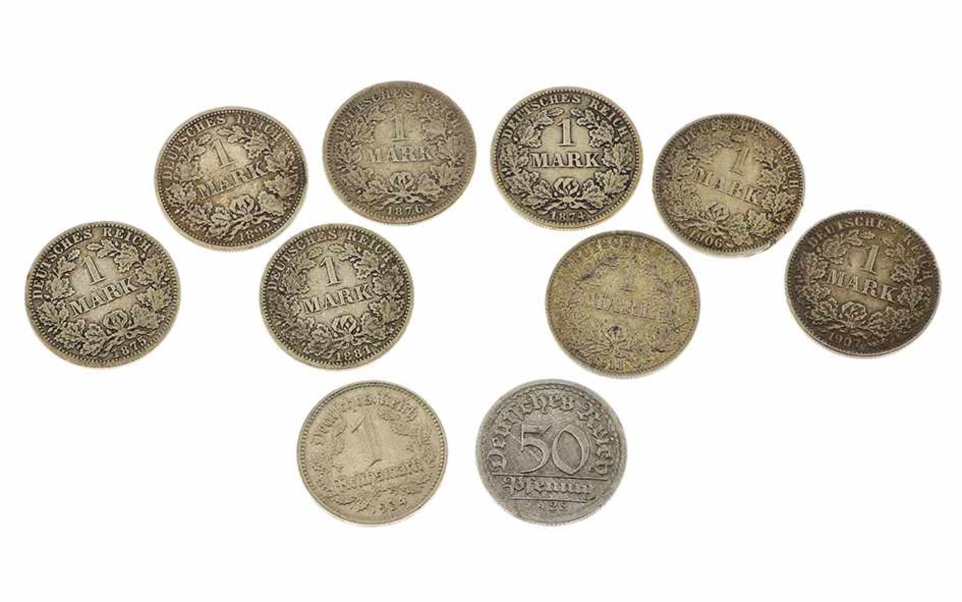 Diverse Münzen 8x1 Mark Deutsches Reich, 1x1 Reichsmark, 1x0,50 Pfennig Deutsches Reich, Total 49,97