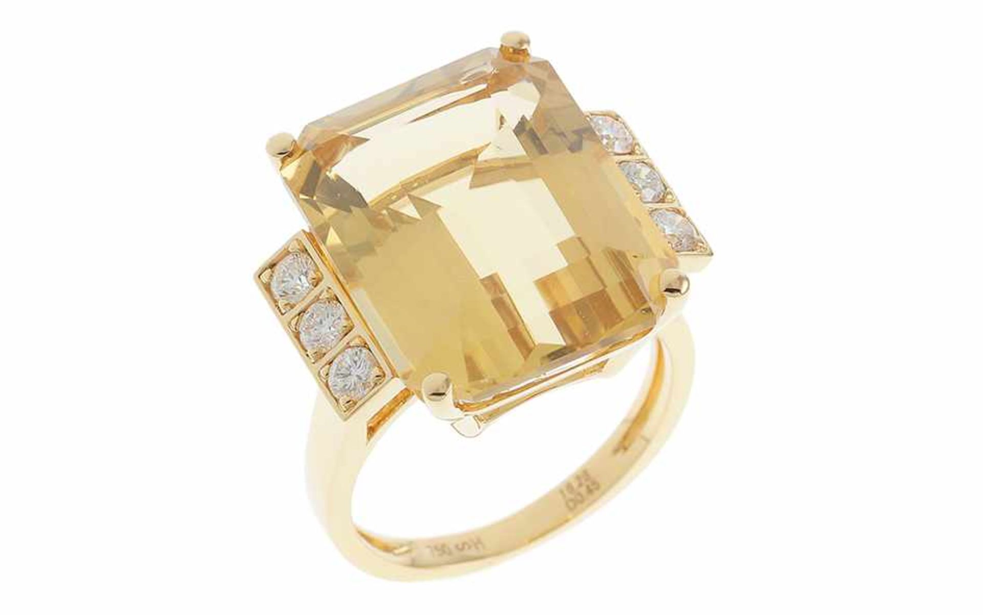 Citrin Ring 18K GG mit 0,45 ct. Diamanten F/si-pi Brillantschliff und 16,28 ct. Citrin, RW: 55,