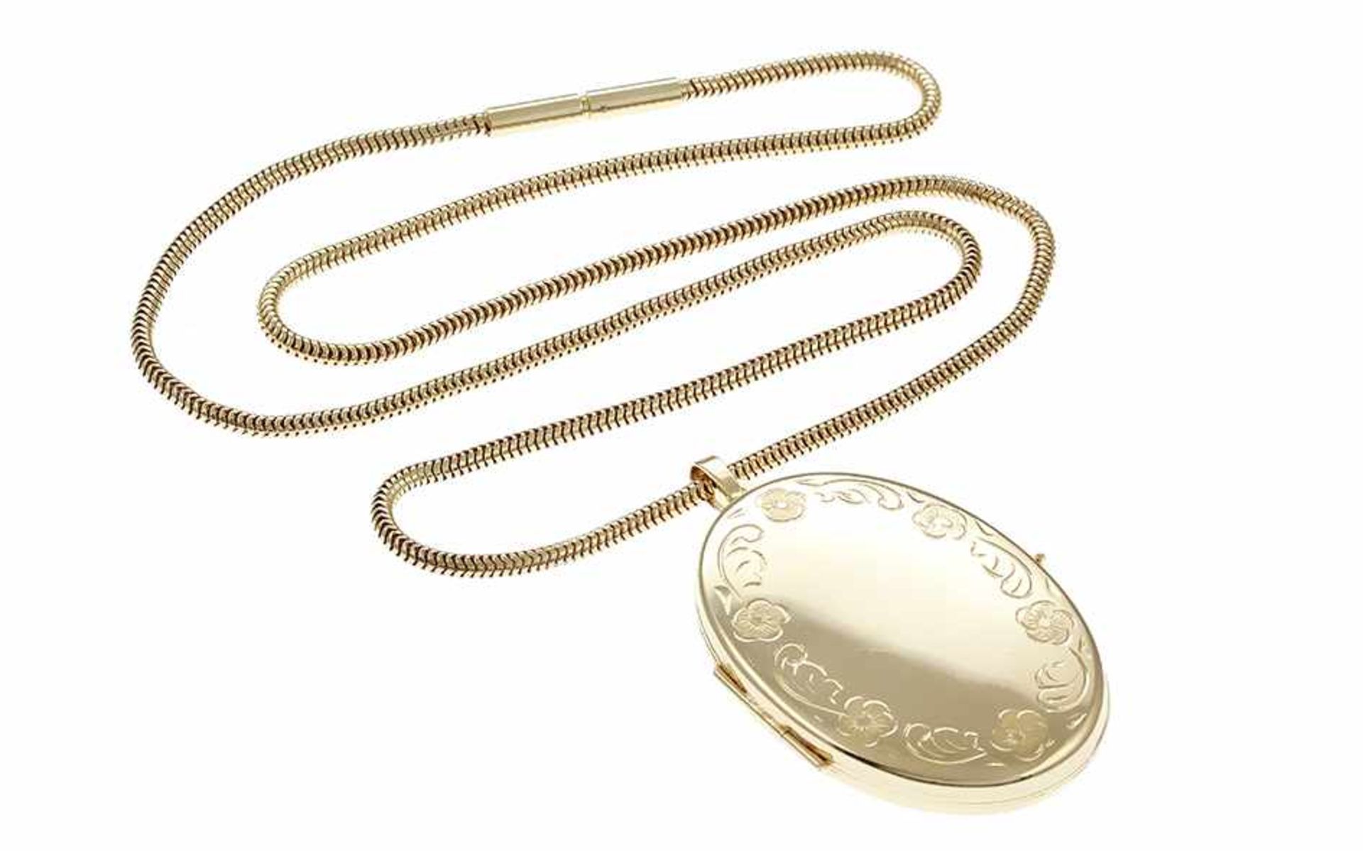 Schlangenkette mit Medaillon 14K GG, Länge Kette: 45,00 cm, Durchmesser Kette: 1,90 mm, Anhänger