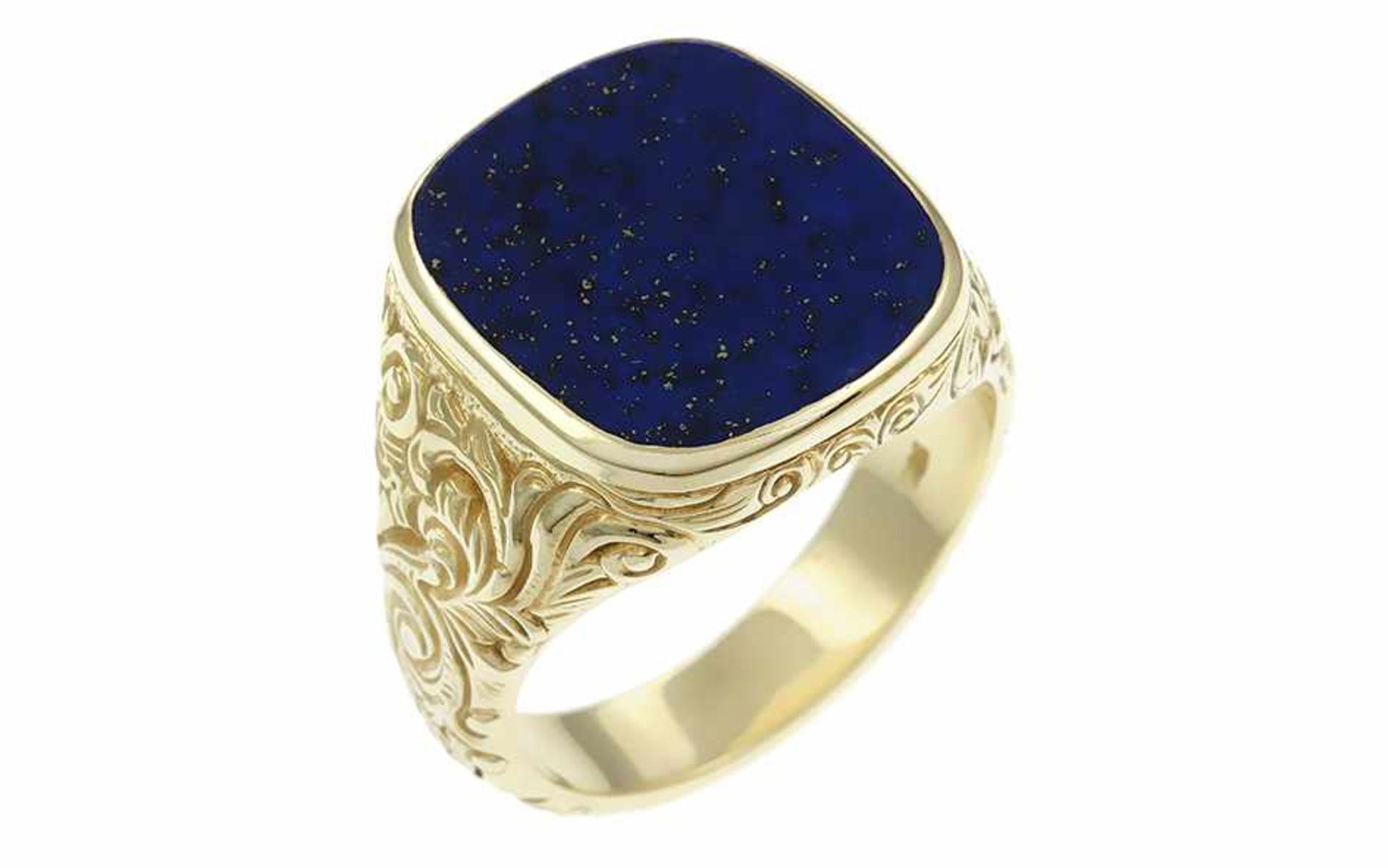 Lapislazuli Ring 14K GG mit Lapislazuli und Ornamenten, RW: 68, Breite Ringkopf: 19,50 mm, Höhe