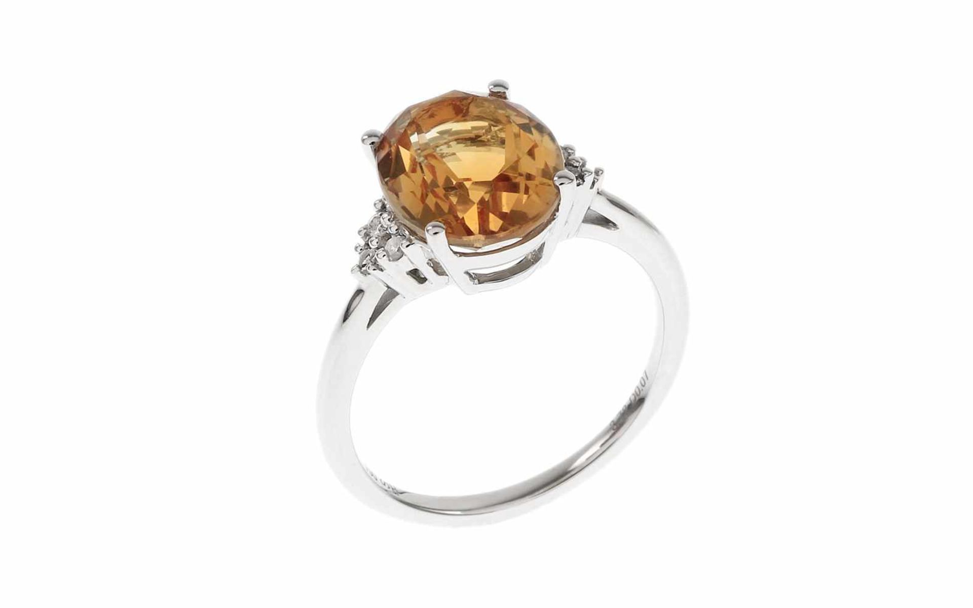 Ring18K WG mit 0,07 ct. Diamanten H/si 8/8 Schliff, 3,72 ct. Citrin 9-11 mm, Ringgröße 55, Länge