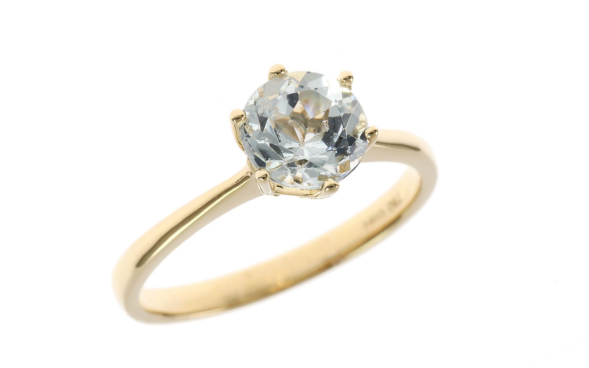 Ring mit Aquamarin 18K GG mit 1,32 ct. Aquamarin, rund, facettiert, Hellblaue Farbe, Ringgröße: