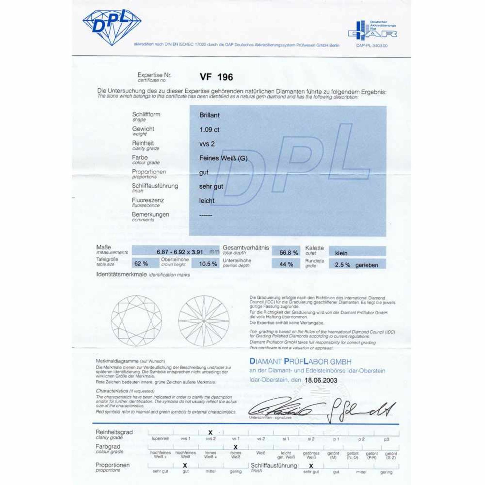 Brillant lose1,09 ct., G/vvs2, Durchmesser 6,71 mm, Höhe 3,91 mm, mit Expertise DPL - Bild 3 aus 3