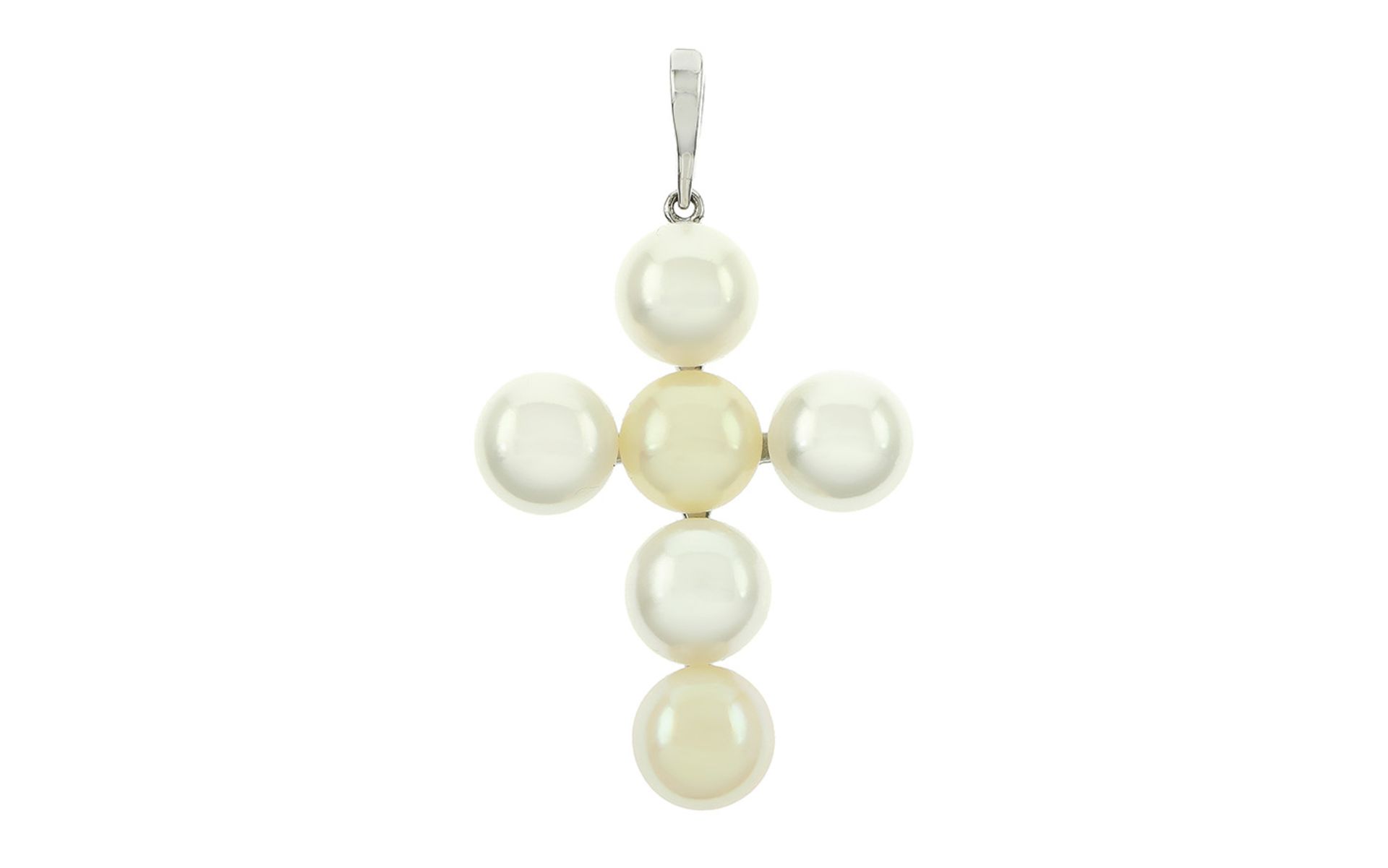 Perlen Anhänger Kreuz18K WG mit Perlen, weiß und champagner Farben, Gesamlänge: 52,70 mm, Breite: