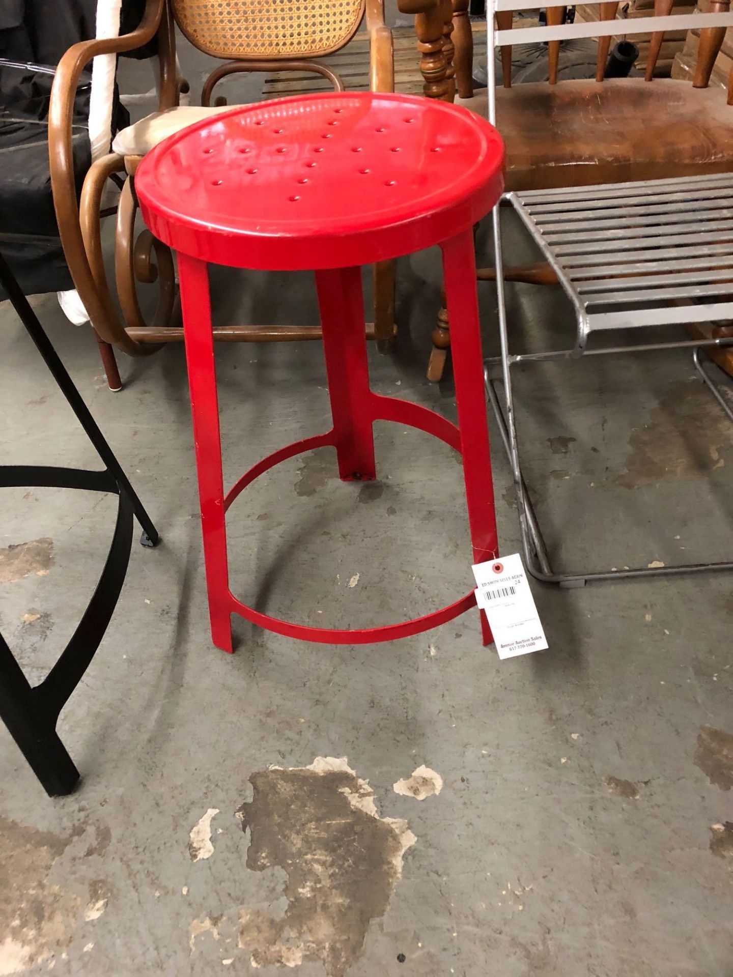 Red metal counter height stool