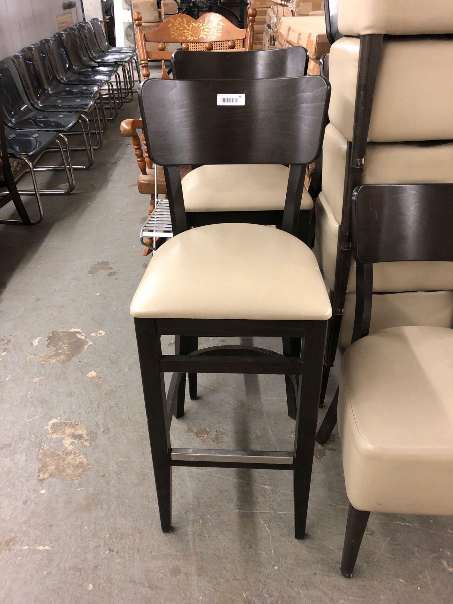Curved back wood chair and stool with padded seat