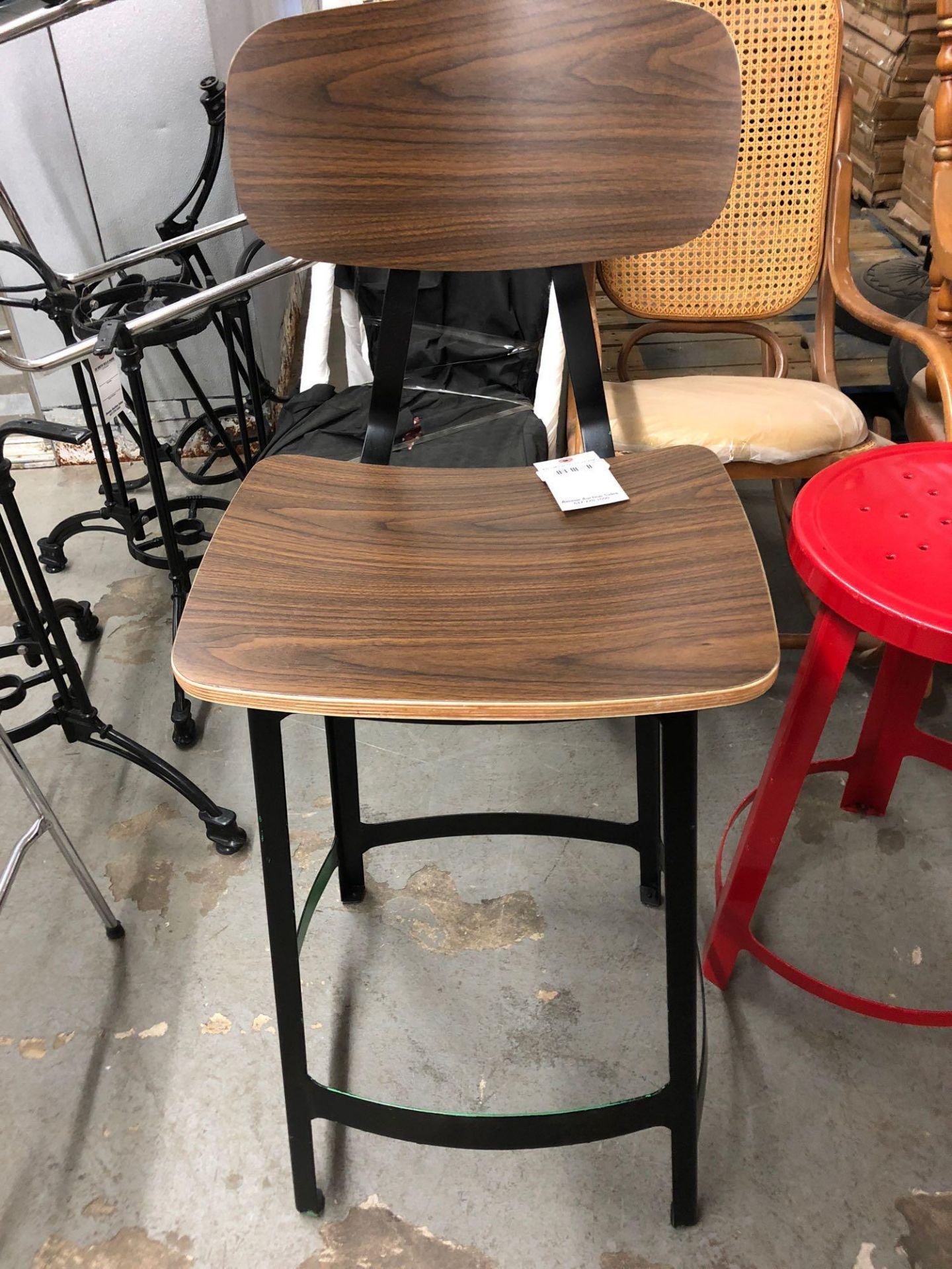 Metal barstool with wood veneer seat and back