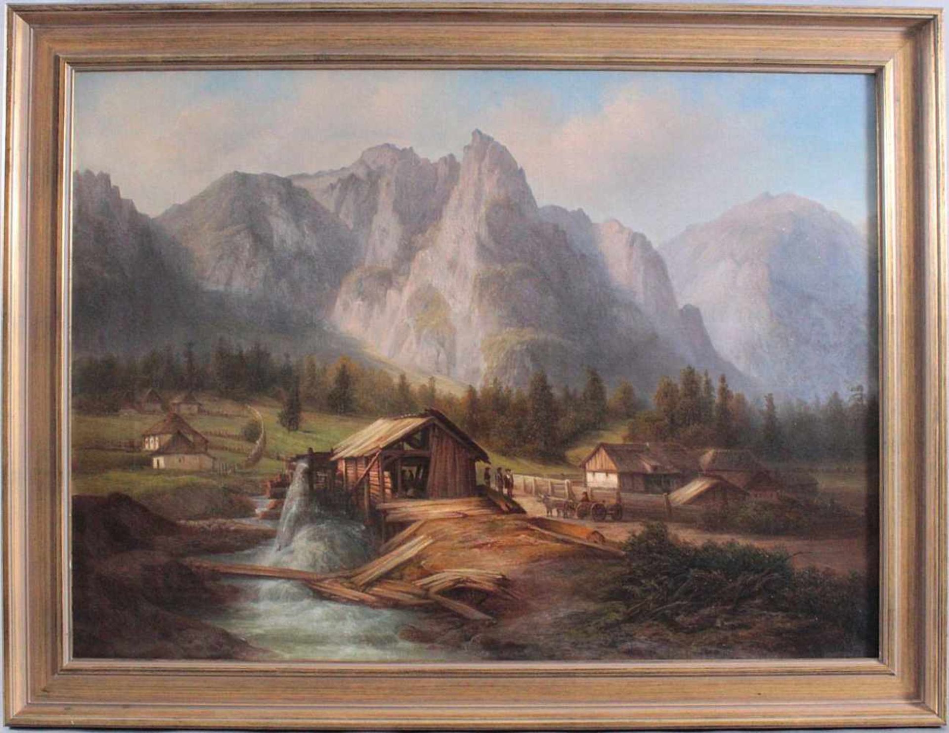 "Berglandschaft mit Häusern und Figurengruppe", 19. Jahrhundert<