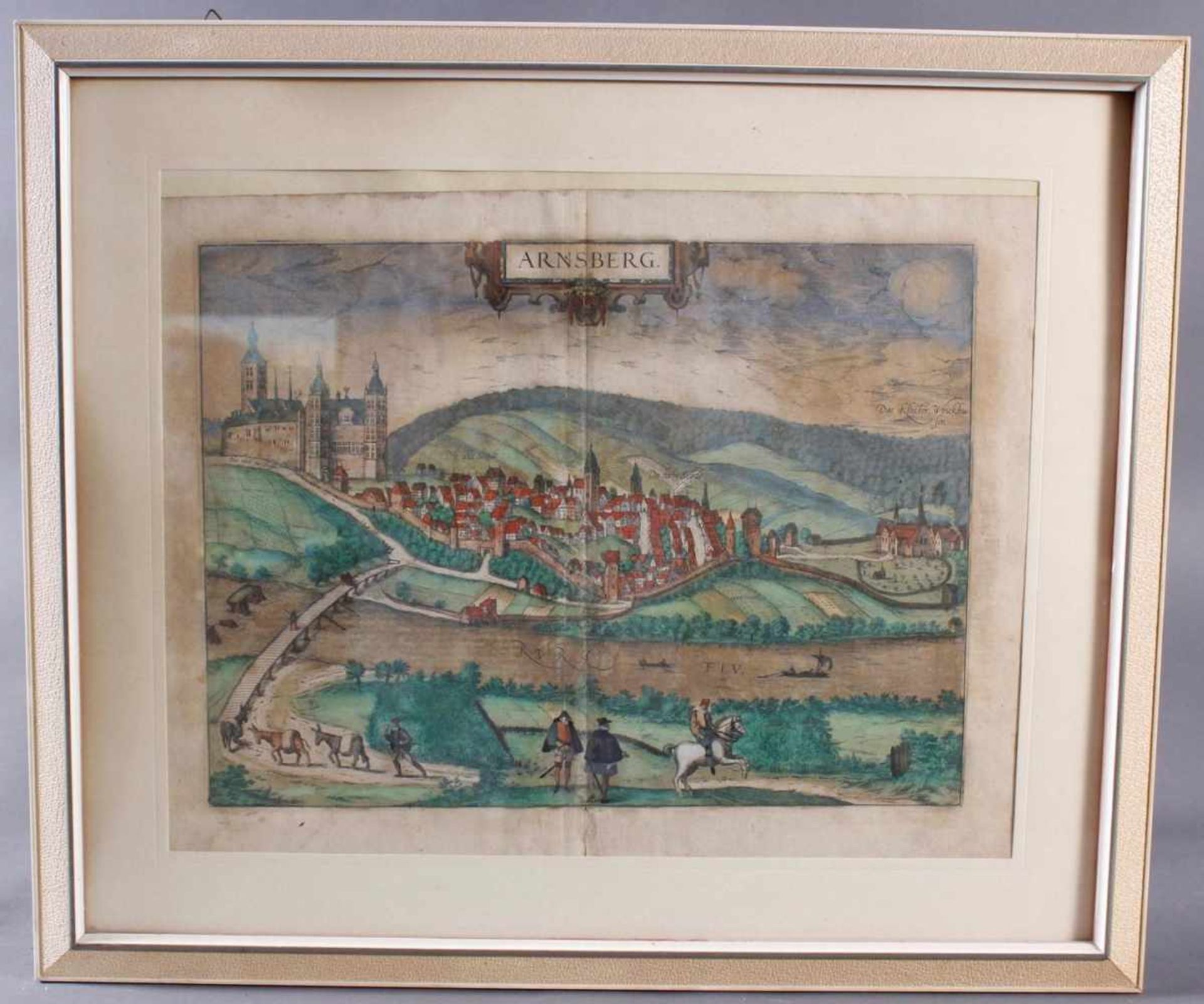 Barocker Kupferstich, Stadtansicht von Arnsberg wohl 17. Jahrhundert