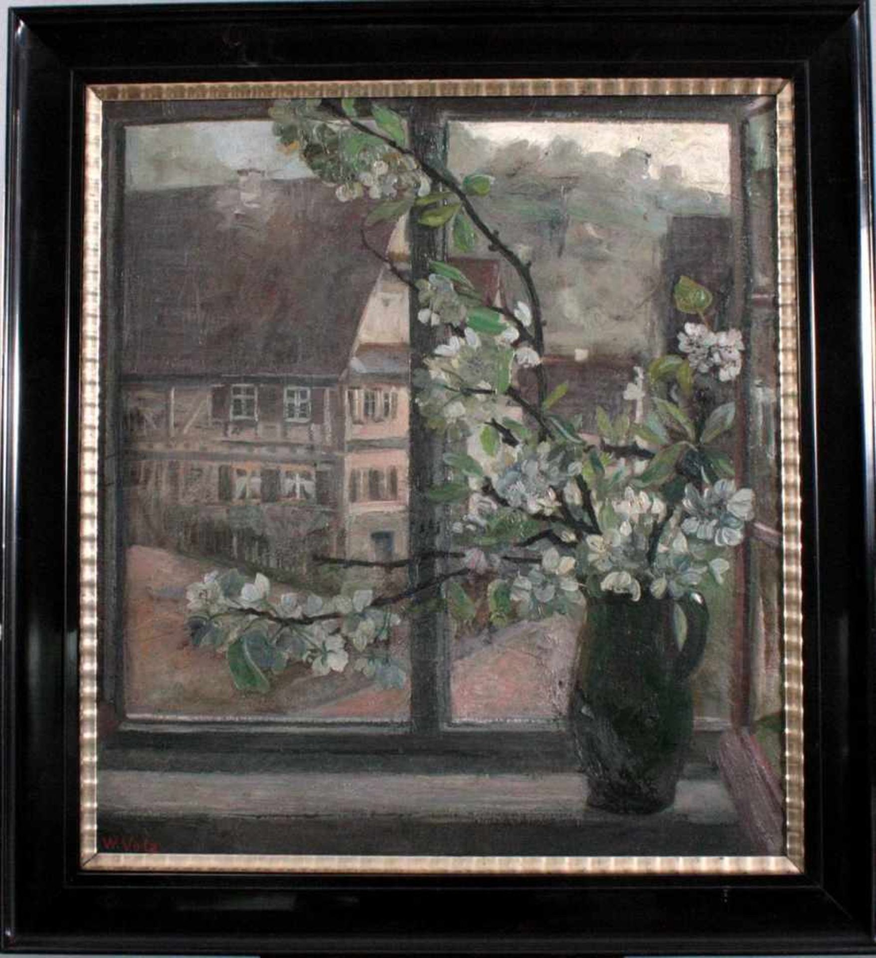 W. Volz (1855-1901), Fensterblick mit Fachwerkaus und Blumen