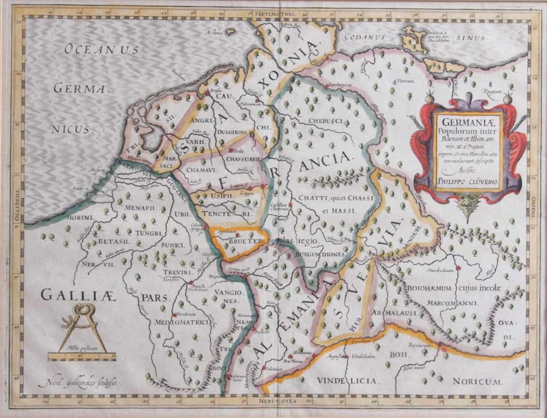 Kupferstich aus dem 17. Jh. Germania Populorum inter Rhenum et Albim am neis ut a Trajani - Bild 2 aus 2