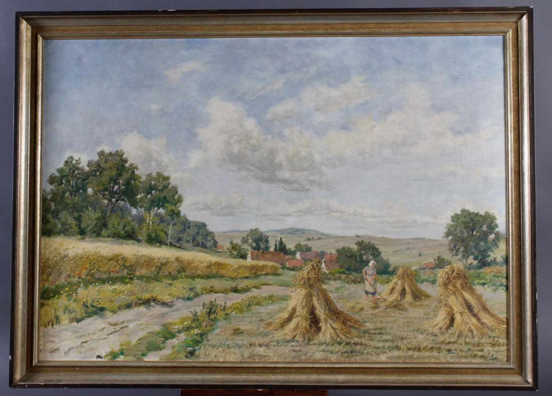 Willy BENZ-BAENITZ (1881-1957), Erntelandschaft mit Bäuerin und Dorfansicht